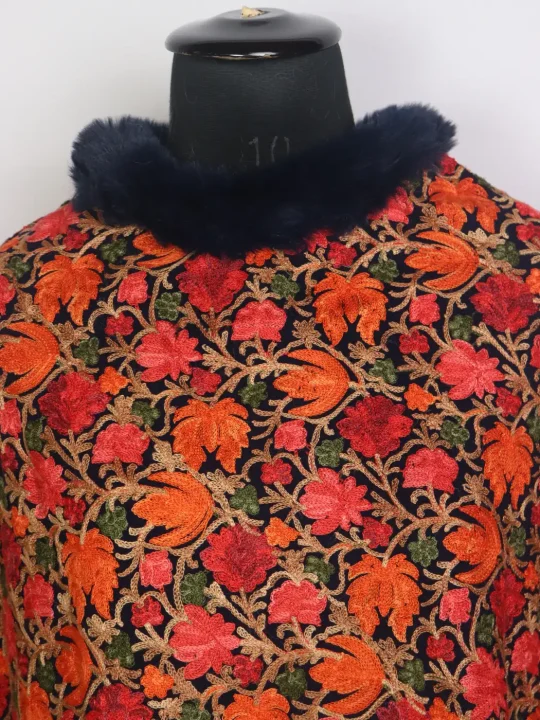 Kashmiri Fur Poncho for Women | Mahjabeen Black With Floral Aari Work - Image 2