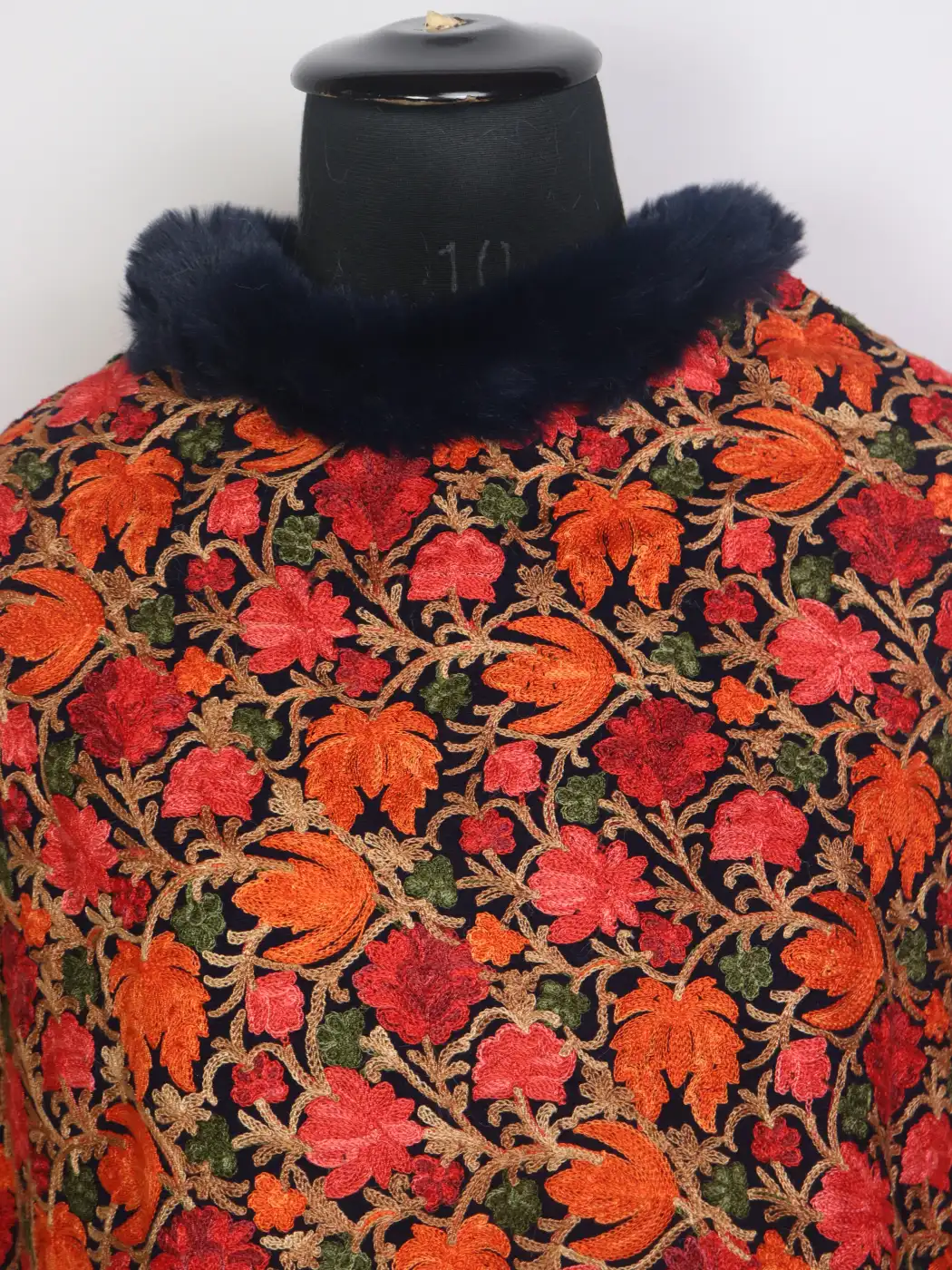 Kashmiri Fur Poncho for Women | Mahjabeen Black With Floral Aari Work - Image 2