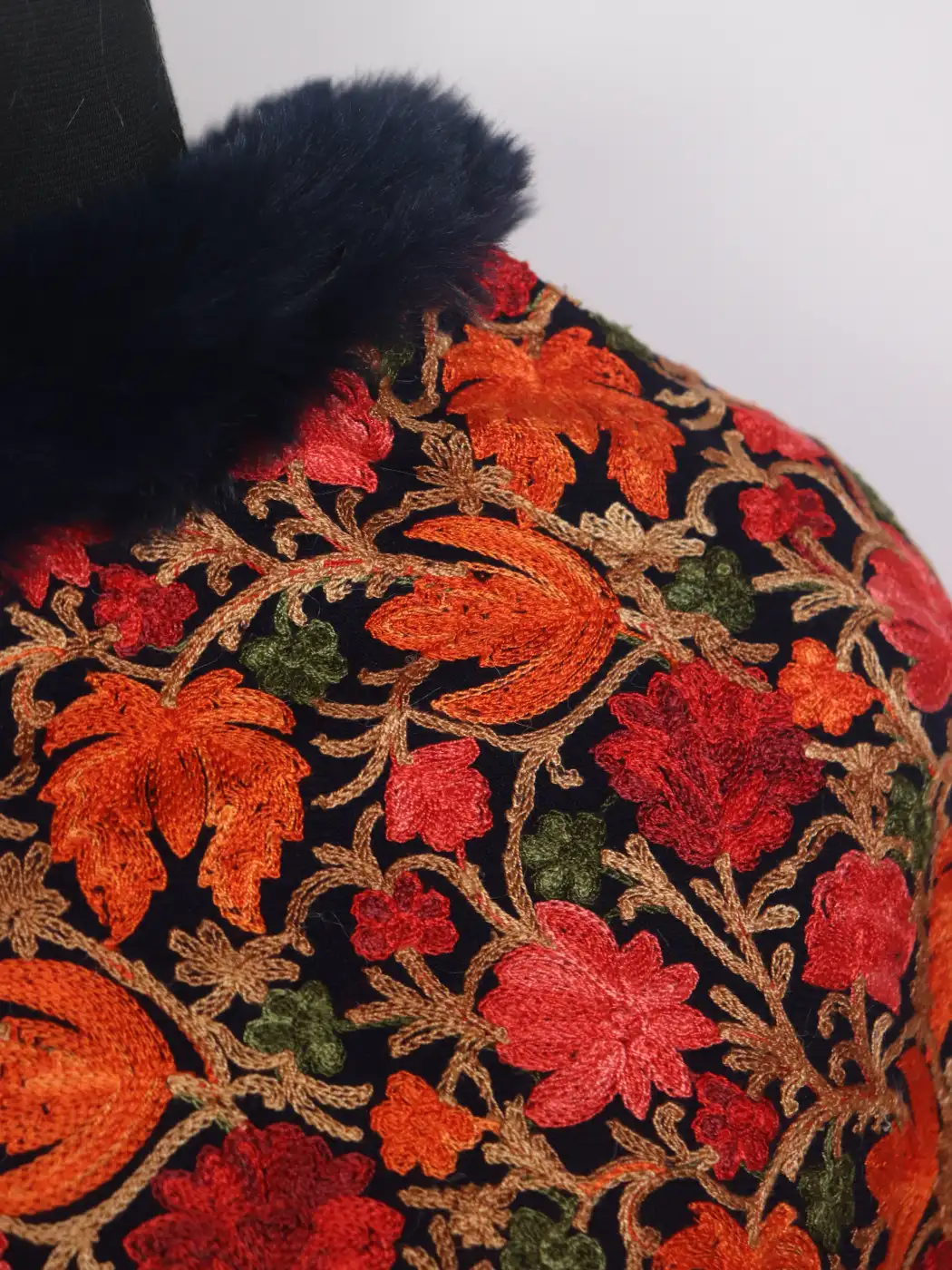 Kashmiri Fur Poncho for Women | Mahjabeen Black With Floral Aari Work - Image 3