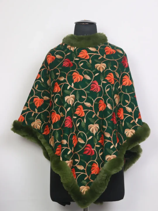 Kashmiri Fur Poncho for Women | Rukhsar Deep Green Floral Aari Work