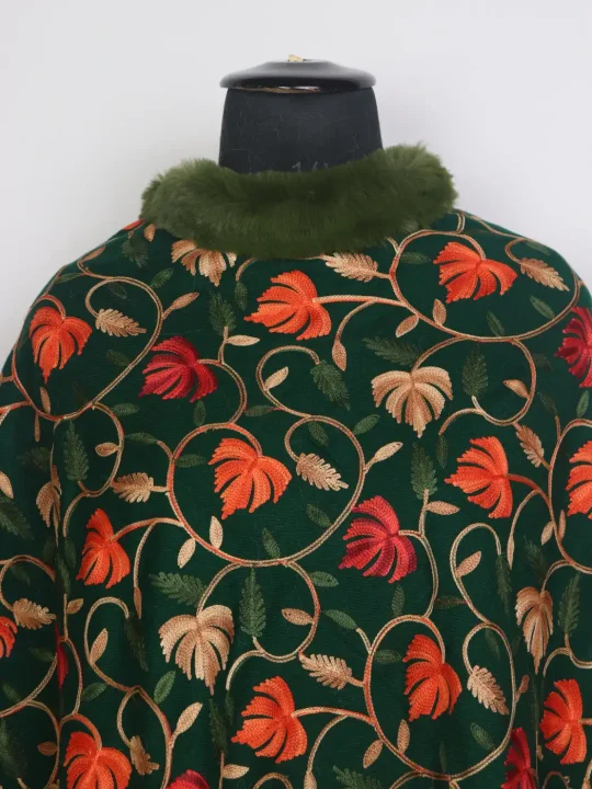 Kashmiri Fur Poncho for Women | Rukhsar Deep Green Floral Aari Work - Image 2