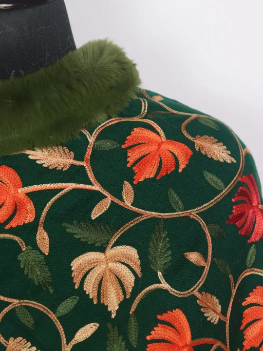 Kashmiri Fur Poncho for Women | Rukhsar Deep Green Floral Aari Work - Image 3