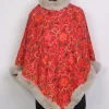 Aamina Red Kashmiri Fur Poncho for Women With Floral Aari Kadhai