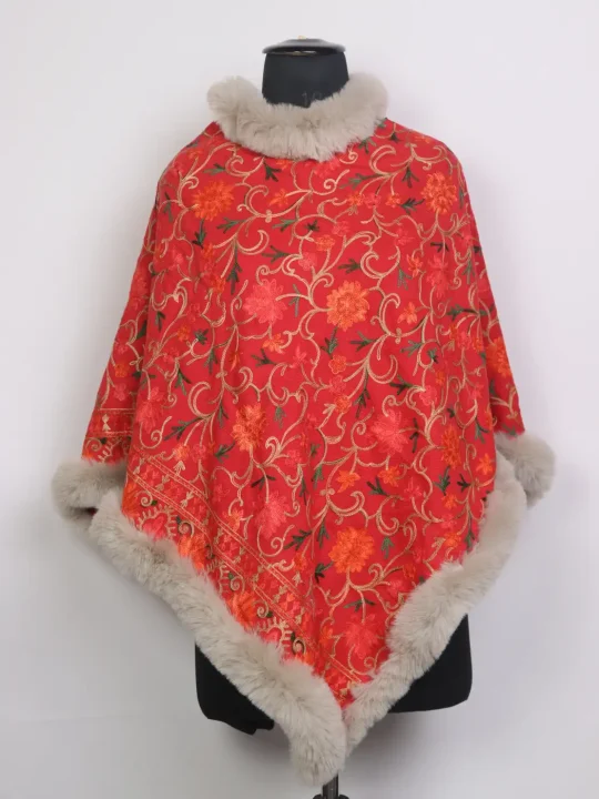 Aamina Red Kashmiri Fur Poncho for Women With Floral Aari Kadhai