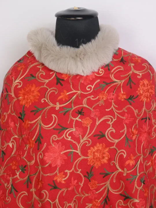 Aamina Red Kashmiri Fur Poncho for Women With Floral Aari Kadhai - Image 2