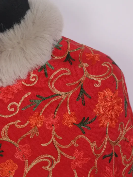 Aamina Red Kashmiri Fur Poncho for Women With Floral Aari Kadhai - Image 3