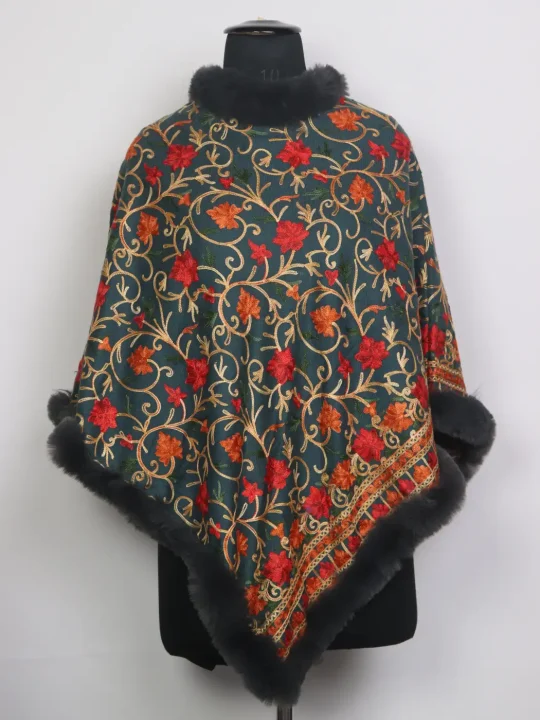 Kashmiri Aashena Fur Poncho For Women With Aari Kadhai