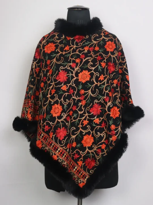 Black Muskaan Kashmiri Fur Poncho For Women With Aari Embroidery