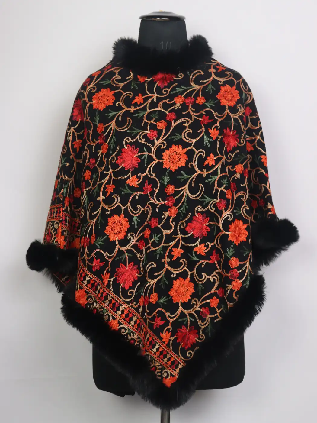 Black Muskaan Kashmiri Fur Poncho For Women With Aari Embroidery