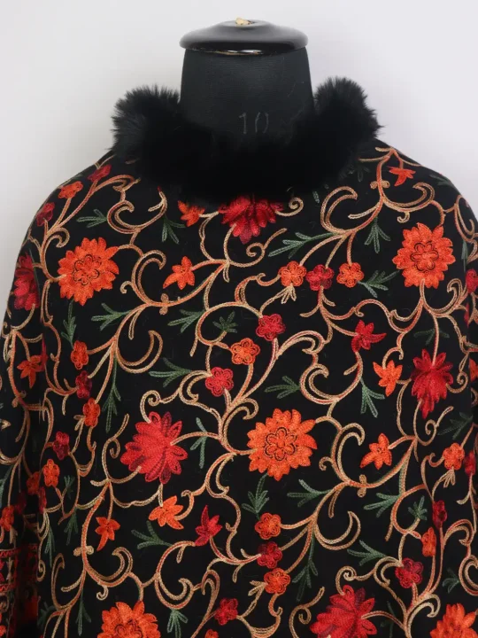 Black Muskaan Kashmiri Fur Poncho For Women With Aari Embroidery - Image 2