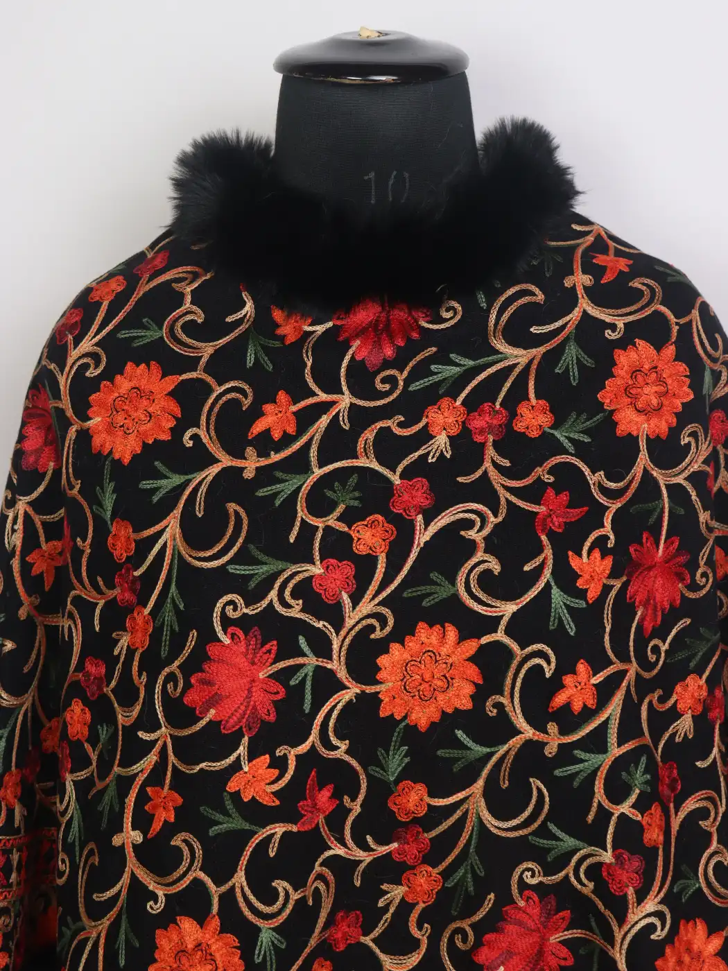 Black Muskaan Kashmiri Fur Poncho For Women With Aari Embroidery - Image 2