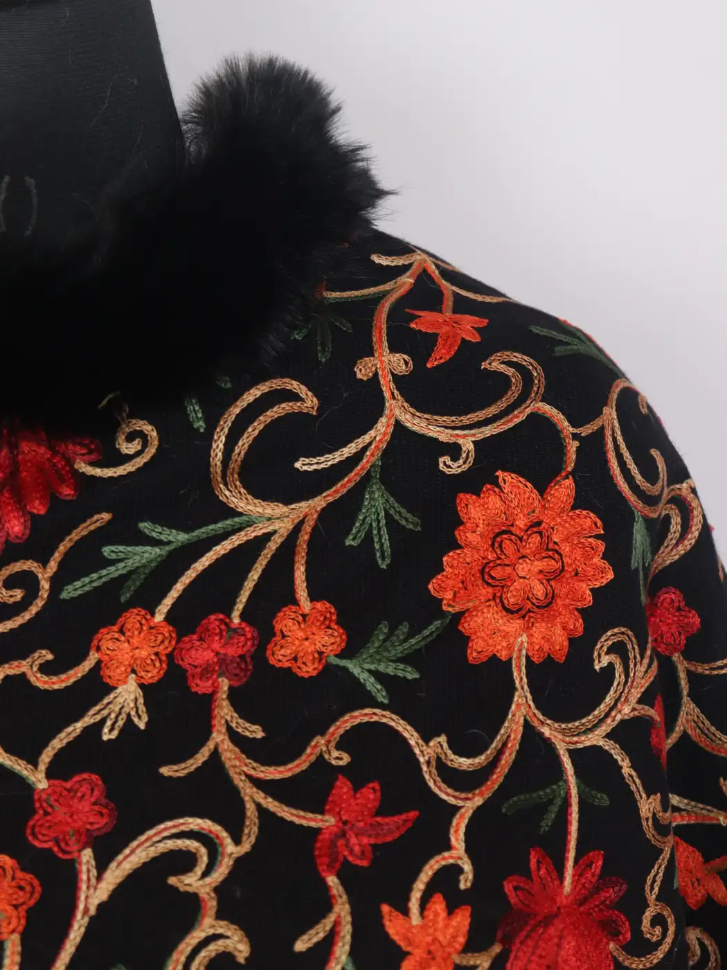 Black Muskaan Kashmiri Fur Poncho For Women With Aari Embroidery - Image 3