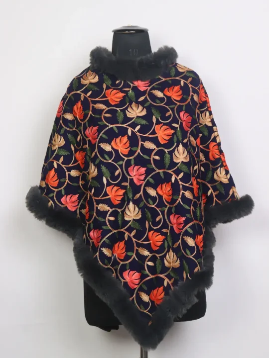 Navy Blue Kashmiri Fur Poncho for Women With Aari Kaam Aafreen