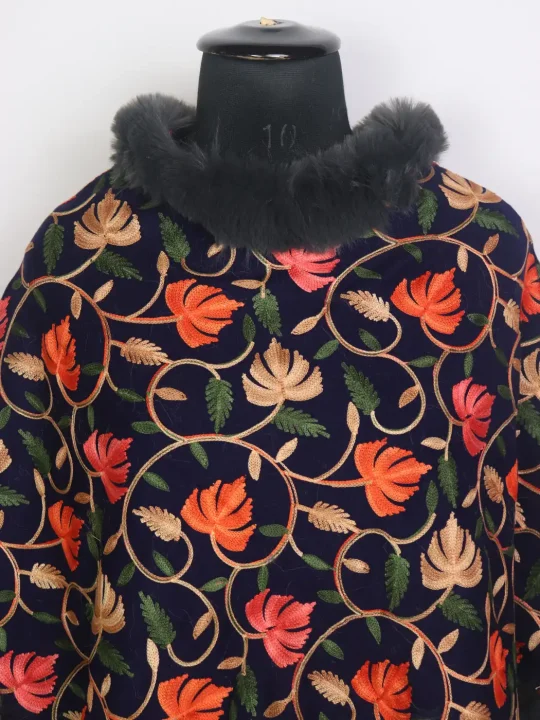 Navy Blue Kashmiri Fur Poncho for Women With Aari Kaam Aafreen - Image 2