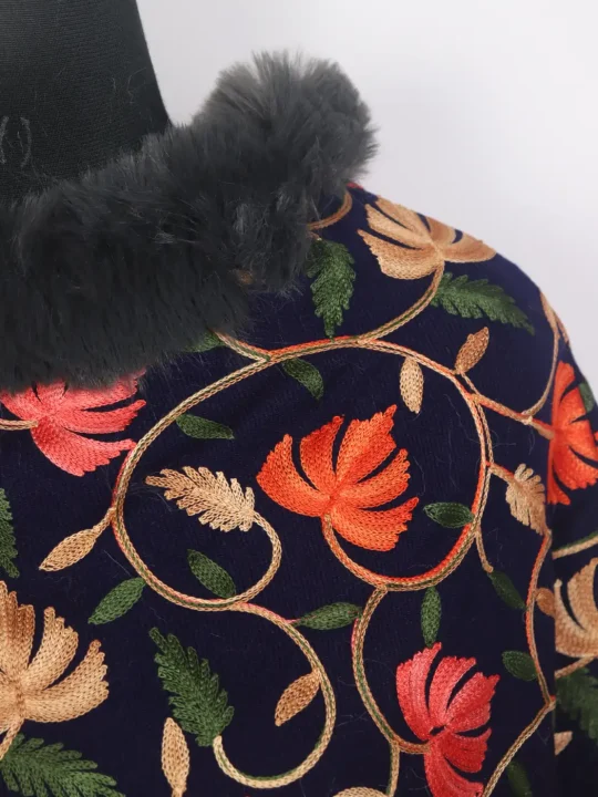 Navy Blue Kashmiri Fur Poncho for Women With Aari Kaam Aafreen - Image 3