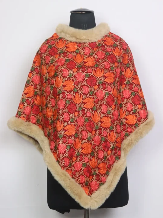 Rifat Kashmiri Maroon Fur Poncho for Women With Floral Aari Work