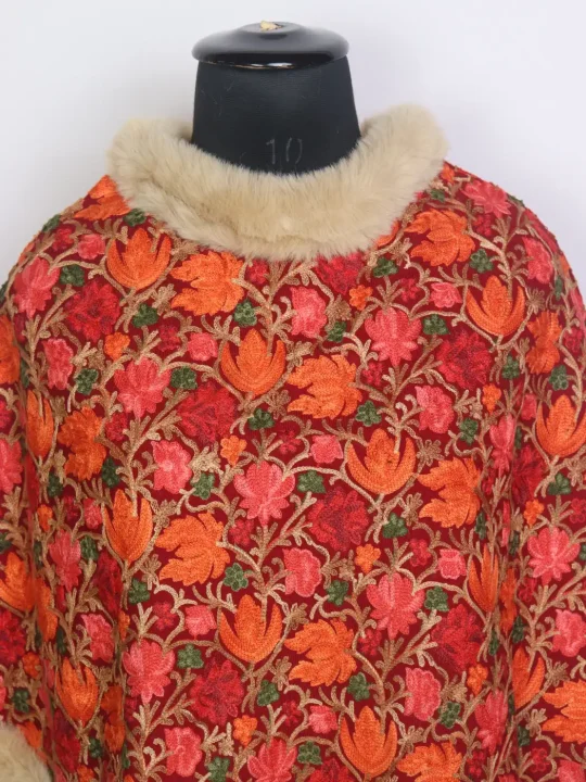 Rifat Kashmiri Maroon Fur Poncho for Women With Floral Aari Work - Image 2