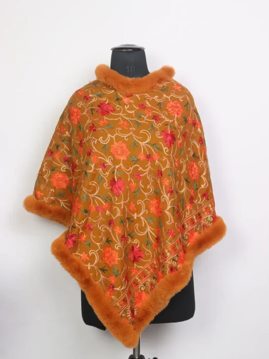 Kashmiri Mustard Aahsaan Fur Poncho for Women With Aari Kaam