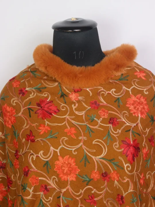 Kashmiri Mustard Aahsaan Fur Poncho for Women With Aari Kaam - Image 2