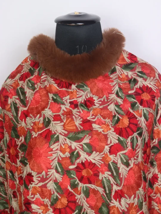 Pink Kashmiri Fur Poncho for Women Saleema With Aari Kadhai - Image 2