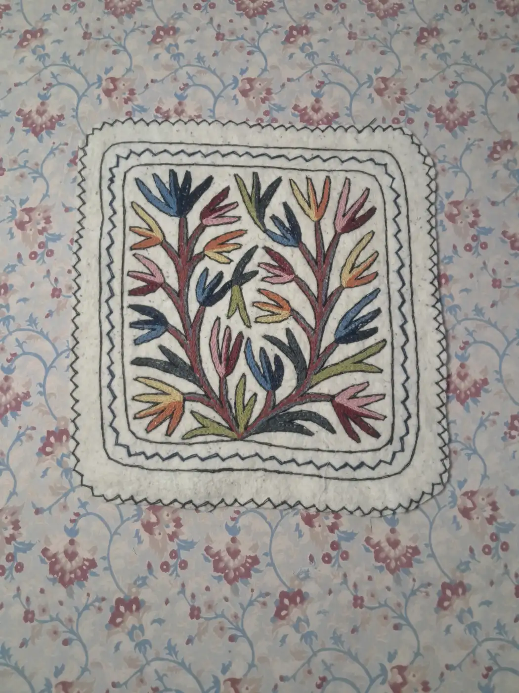 Bulbul Kashmiri 2-Ft Square Handmade Namda Rug With Embroidery