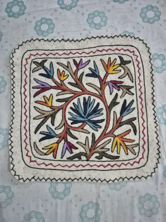 Mehjoor Kashmiri Handmade 2-Ft Square Namda Rug With Embroidery