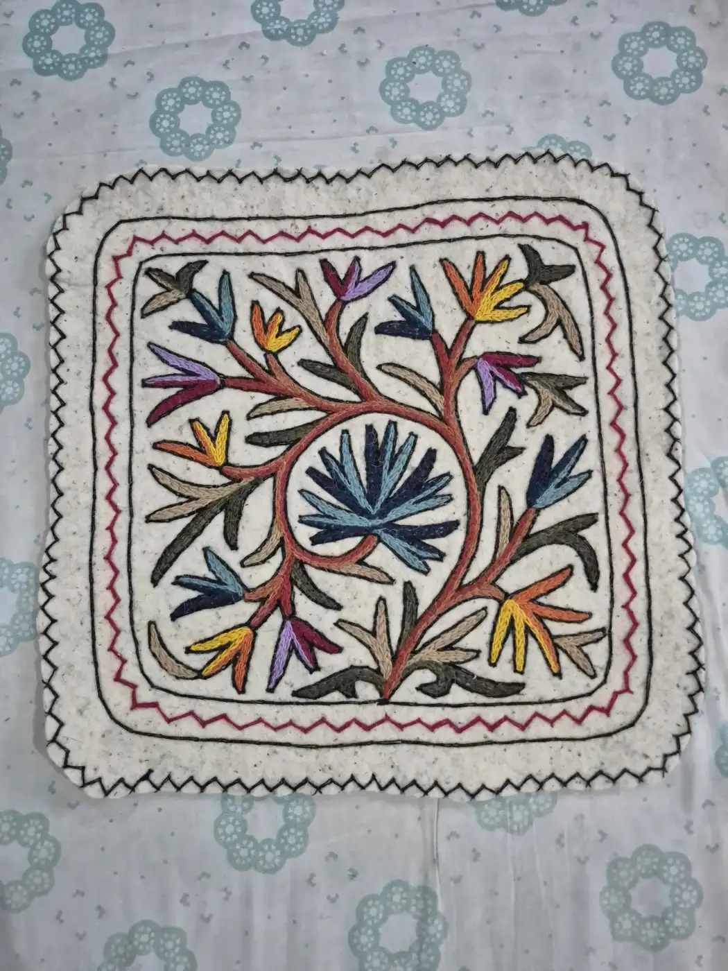 Mehjoor Kashmiri Handmade 2-Ft Square Namda Rug With Embroidery