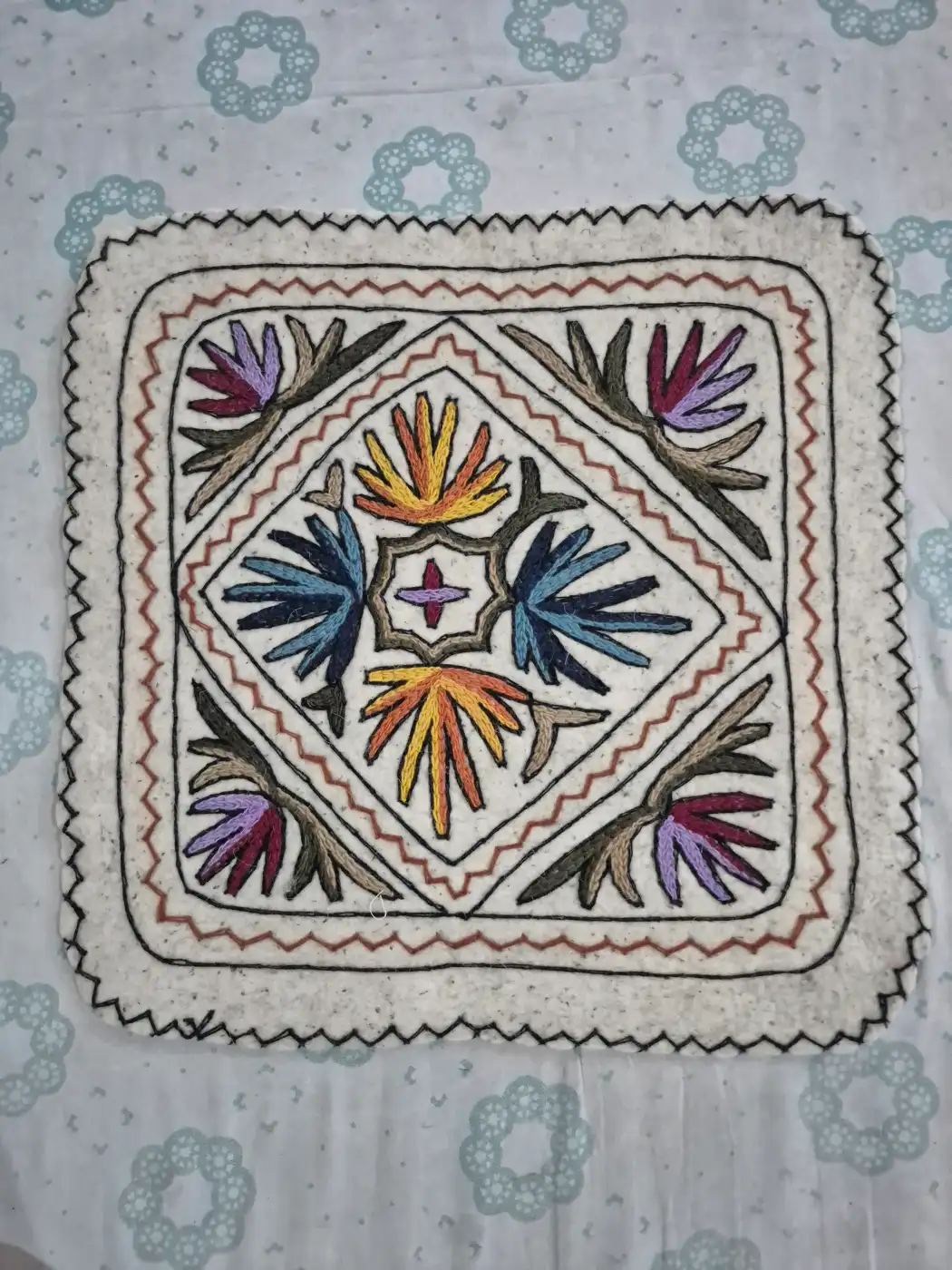 Kashmiri 2-Ft Square Handmade Namda Rug With Embroidery Nazir
