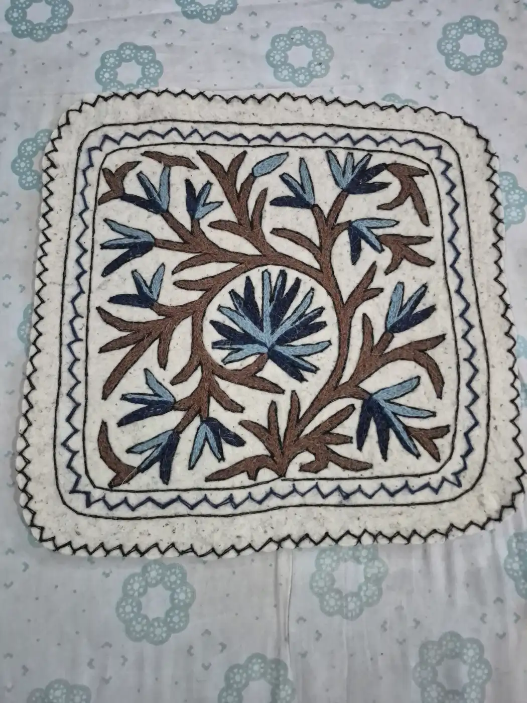 Handmade Kashmiri Sameer 2-Ft Square Namda Rug With Embroidery