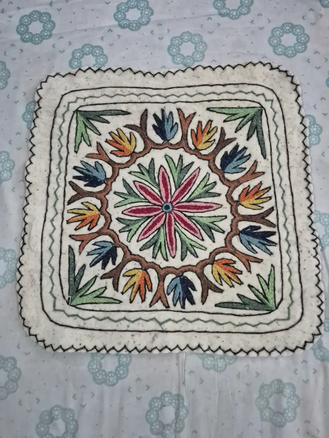 Kashmiri 2-Ft Square Handmade Namda Rug With Embroidery Farheen