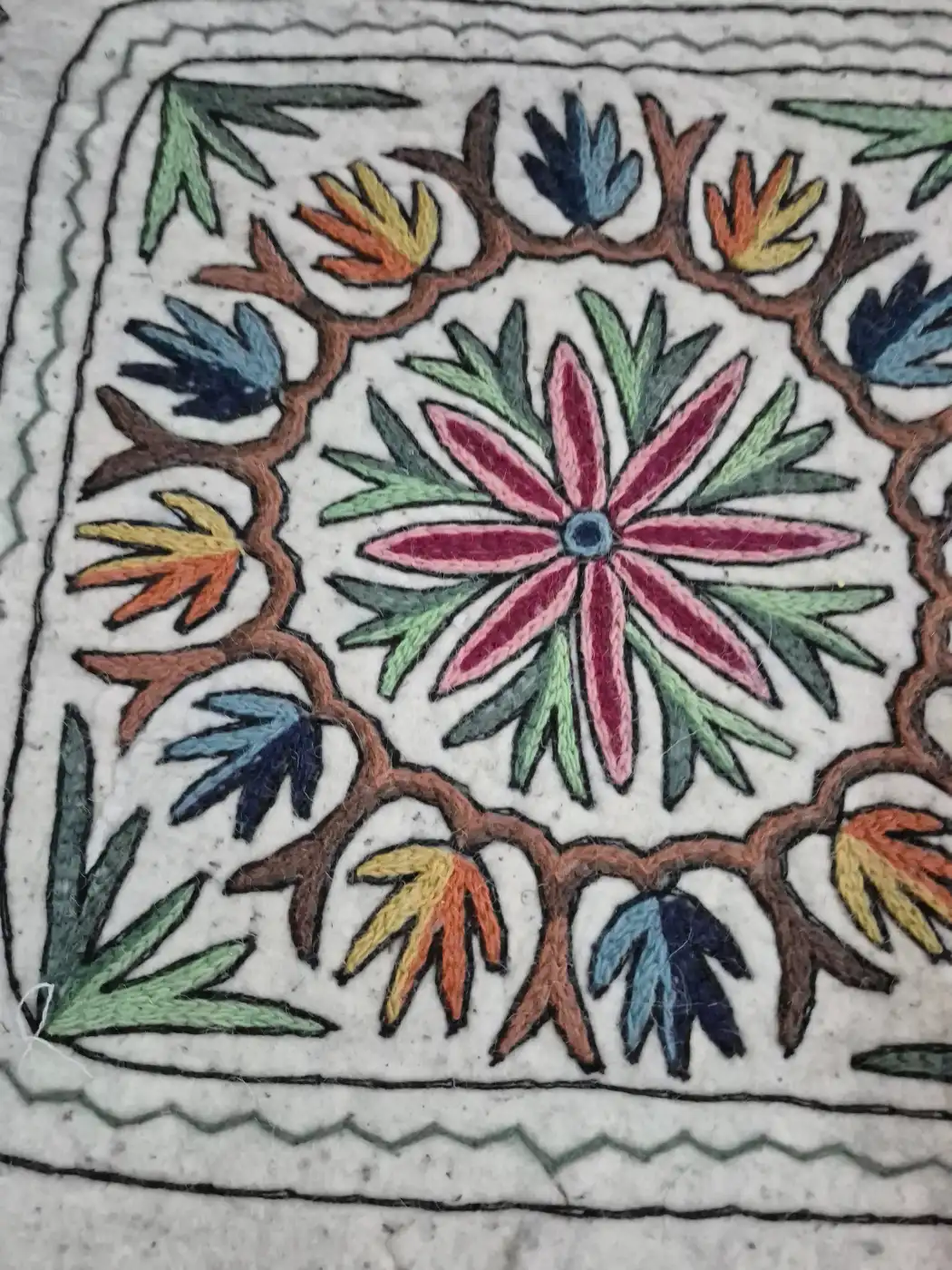 Kashmiri 2-Ft Square Handmade Namda Rug With Embroidery Farheen - Image 3