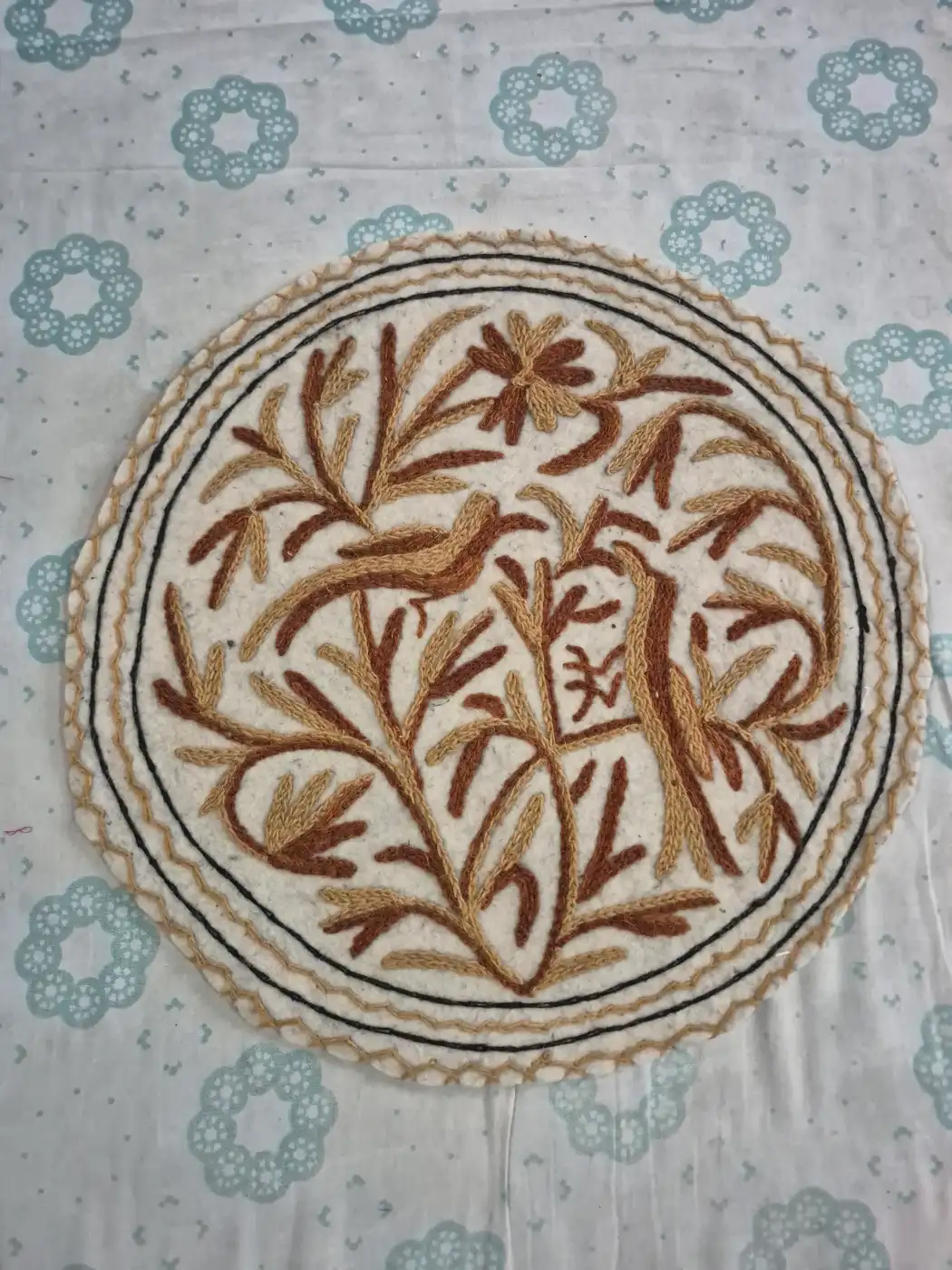 Kashmiri Umer 2-ft Handmade Round Namda Rug With Embroidery