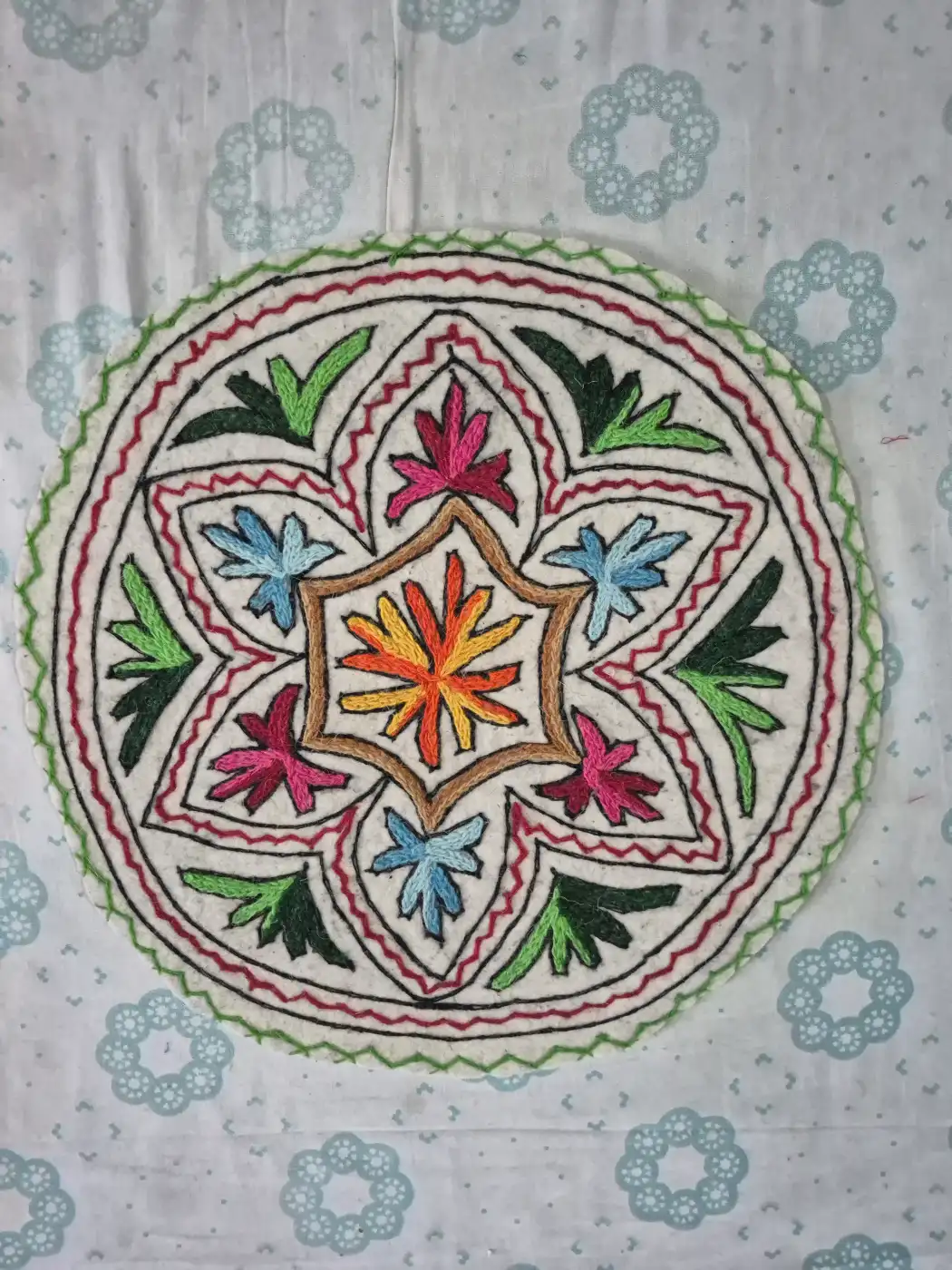 Kashmiri Handmade Gulzar 2-ft Round Namda Rug With Embroidery