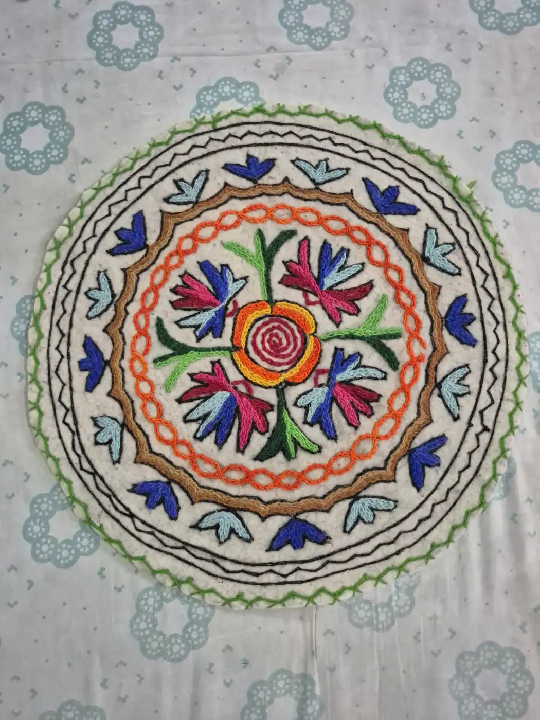 Handmade Kashmiri Iqbal 2-ft Round Namda Rug With Embroidery