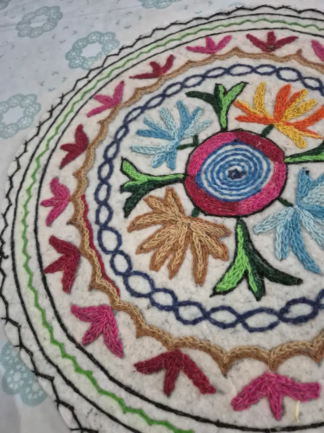 Kashmiri Handmade 2-ft Round Namda Rug Gurez With Embroidery - Image 2
