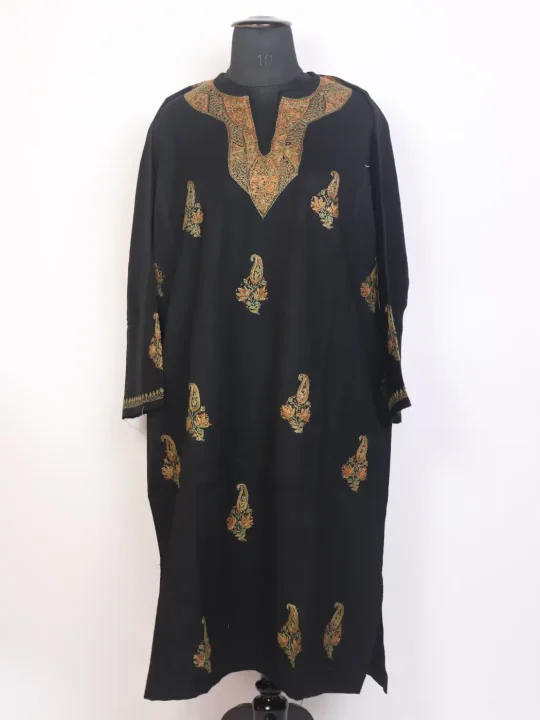 Koor Kashmiri Black Hand Sozni Embroidered Pheran in Raffal Wool