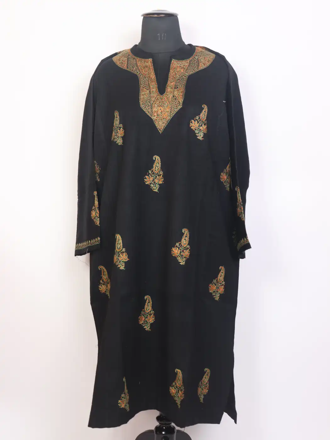 Koor Kashmiri Black Hand Sozni Embroidered Pheran in Raffal Wool