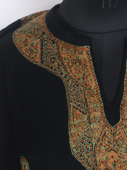 Koor Kashmiri Black Hand Sozni Embroidered Pheran in Raffal Wool - Image 3