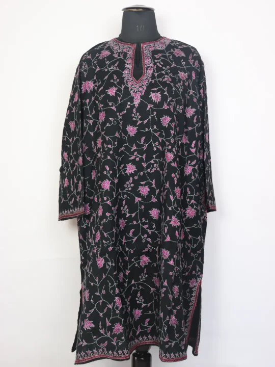Khadija Kashmiri Pheran Black Raffal Wool Hand Sozni Paper Mache Jaal Work