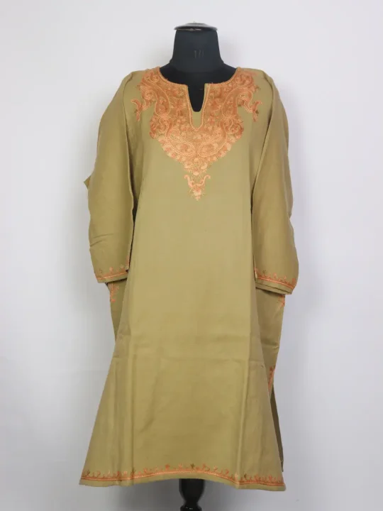 Khazraa Kashmiri Raffal Wool Hand Aari Embroidery Pheran Khaki Beige