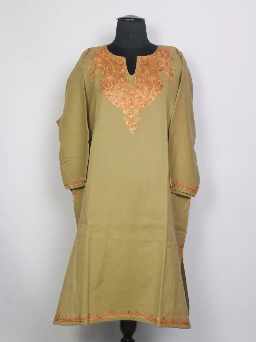 Khazraa Kashmiri Raffal Wool Hand Aari Embroidery Pheran Khaki Beige