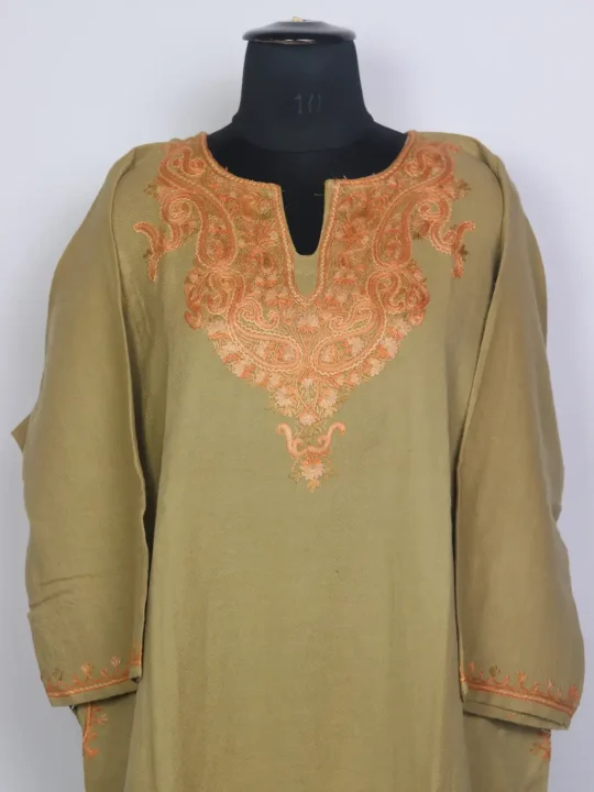 Khazraa Kashmiri Raffal Wool Hand Aari Embroidery Pheran Khaki Beige - Image 2