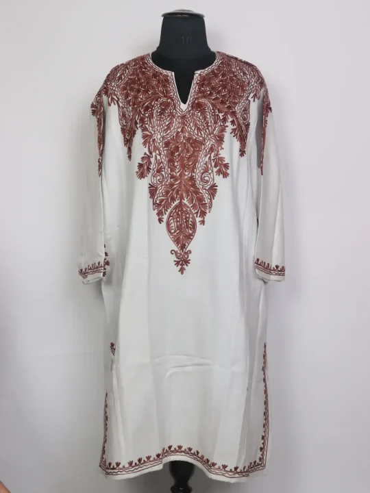 Labeeba White Kashmiri Pheran with Front & Back Aari Work in Cashmilon Wool