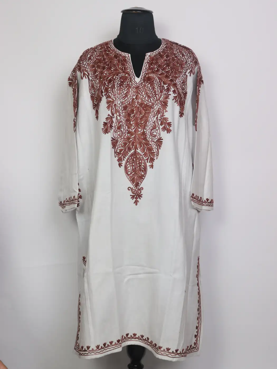 Labeeba White Kashmiri Pheran with Front & Back Aari Work in Cashmilon Wool