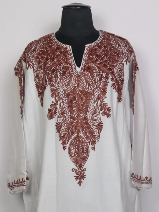 Labeeba White Kashmiri Pheran with Front & Back Aari Work in Cashmilon Wool - Image 2