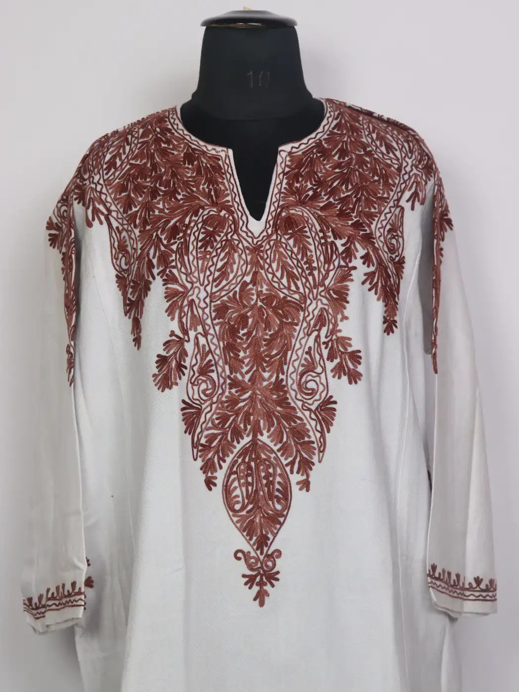 Labeeba White Kashmiri Pheran with Front & Back Aari Work in Cashmilon Wool - Image 2