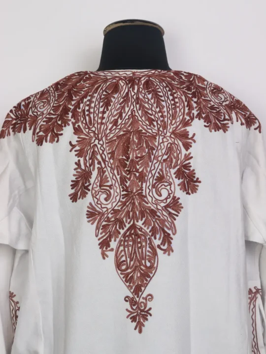 Labeeba White Kashmiri Pheran with Front & Back Aari Work in Cashmilon Wool - Image 4
