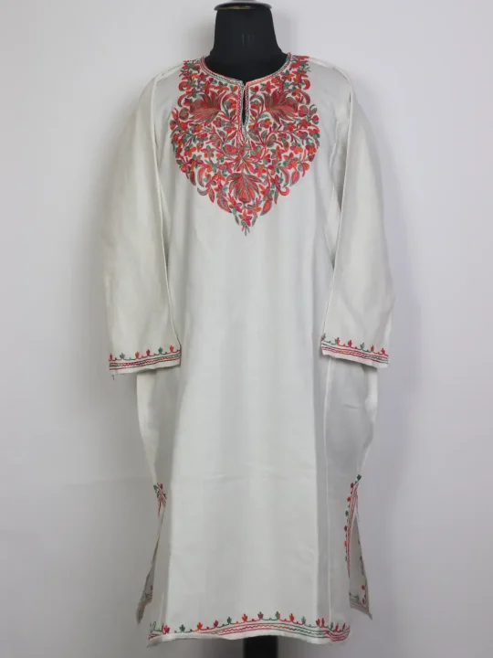Laiba White Kashmiri Aari Embroidered Pheran in Cashmilon Wool