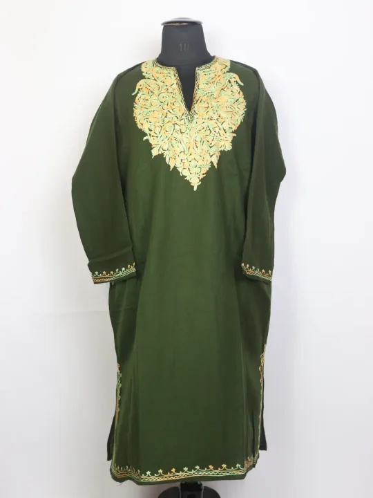 Laila Kashmiri Aari Embroidered Olive Green Cashmilon Pheran