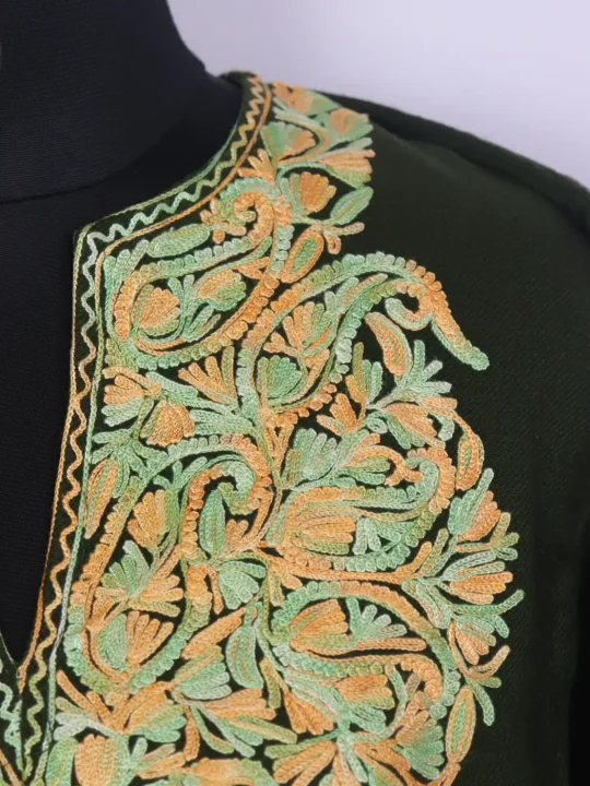 Laila Kashmiri Aari Embroidered Olive Green Cashmilon Pheran - Image 3